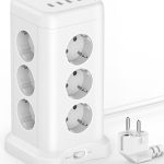Socket Tower (4000 W/16 A) with USB, Maxcio Multiple Socket Tower 4 USB (5 V/2.4 A Max.), Tower Power Strip with Switch for Home Office, Distribution Socket Surge Protection with 2 m Cable, White
